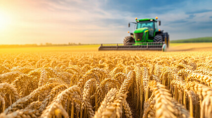 Fototapeta premium Harvesting wheat in golden field with tractor under bright sky. scene captures essence of summer agriculture and beauty of rural landscapes