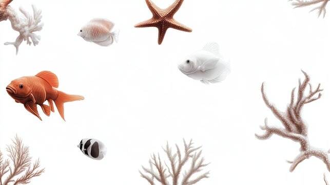 Colorful aquatic scene with diverse fish and starfish among cora