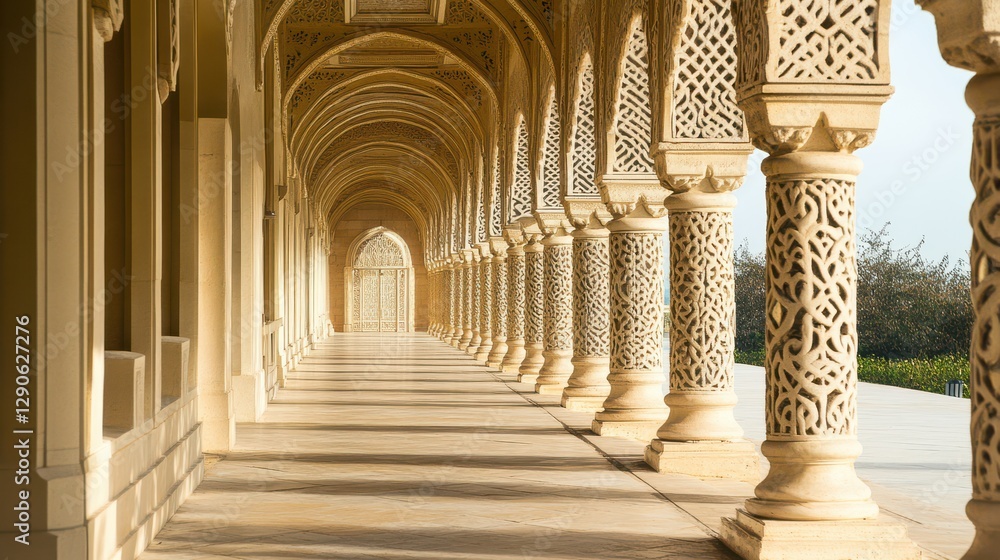 Poster elegant archway with intricate columns and soft morning light