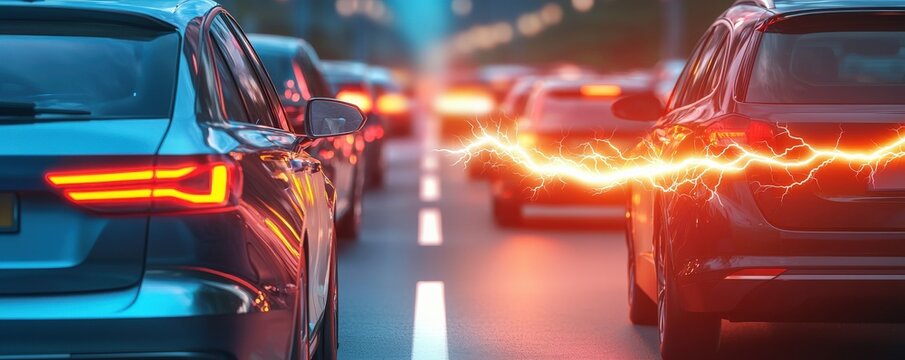 peak energy demand concept. Cars in traffic with electrifying visual effects on the road.