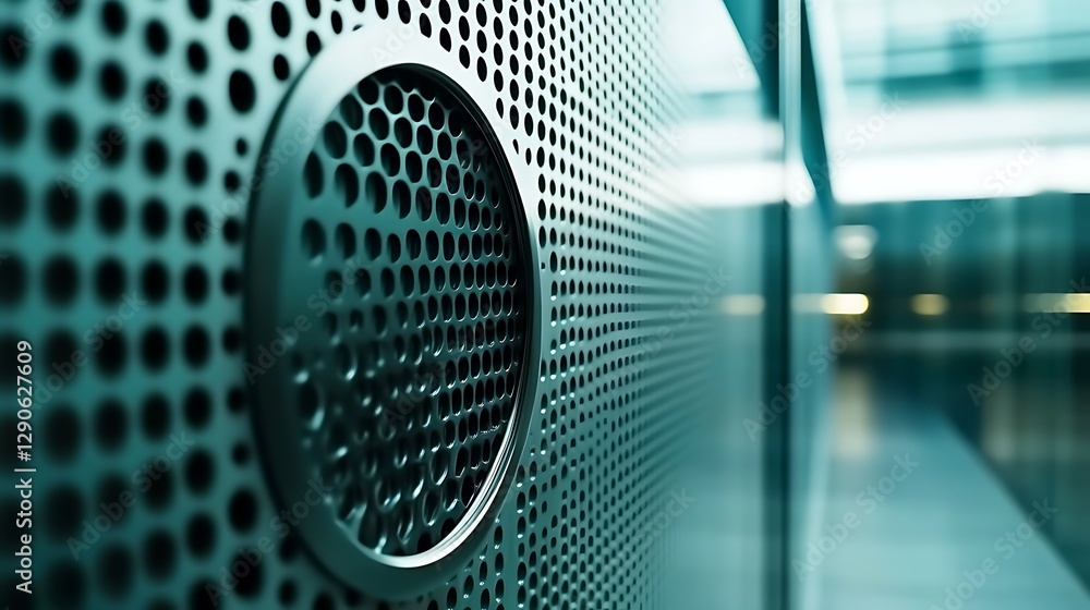 Poster close-up of server rack panel with circular vents in data center