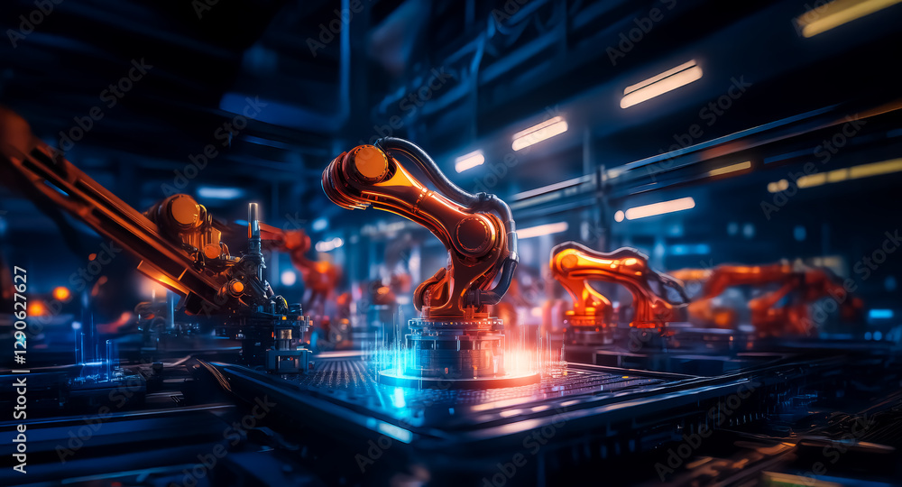 Poster Automated factory with robotic arms working in a dark, high-tech environment. Neon lights illuminate the metallic structures and machinery.