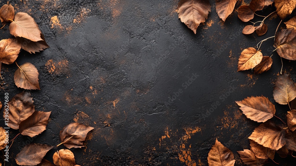 Poster brown dried leaves scattered on dark textured surface create a calming autumn atmosphere with hints 
