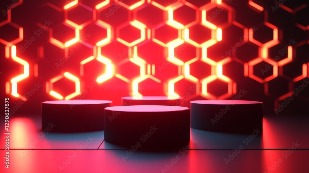 Poster colorful abstract background with geometric shapes on a surface illuminated by vibrant lights in a c