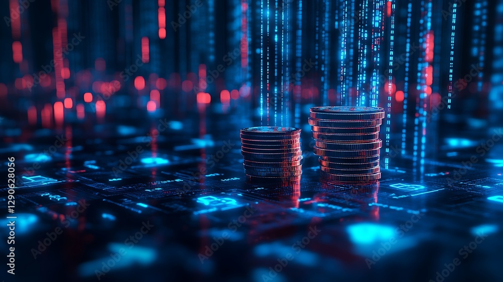 Poster digital stack of coins in blue light, a stack of coins illuminated by a blue digital background with
