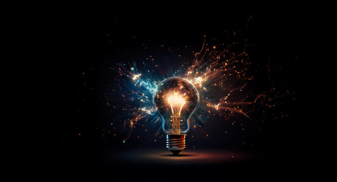 A bright light bulb illuminates against a dark backdrop, radiating vibrant sparks of blue and orange.
