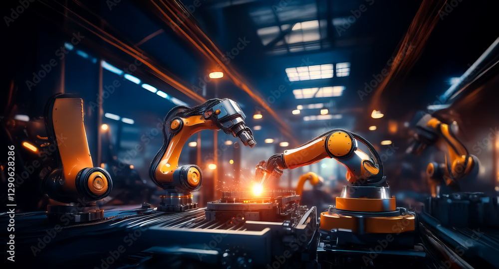 Poster automated robotic arms work diligently in a modern industrial factory setting. bright orange and bla
