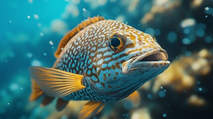 Obraz premium A vibrant close-up of a colorful fish underwater, showcasing realistic details of aquatic life. Perfect for themes on marine wildlife and natural beauty.