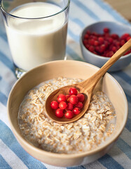 Raw Oatmeal with Milk and Fresh Red Berries in a Ceramic Bowl on a blue Striped Cloth