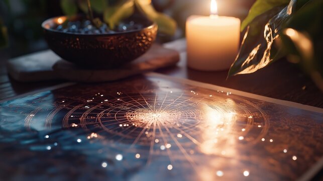 Exploring numerology charts and life path calculations at a serene setting with soft candlelight