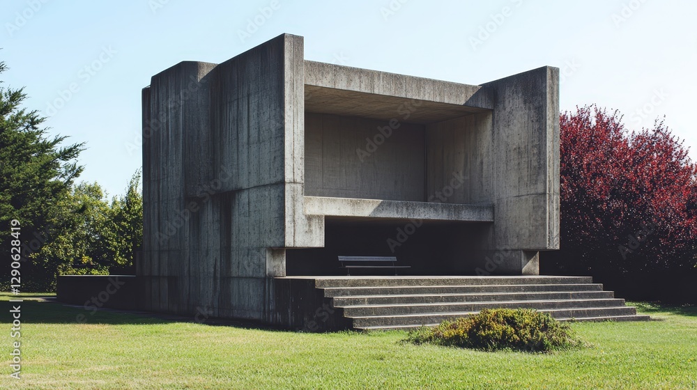Poster a modern brutalist public park building, blending raw concrete with angular design and a minimalist 