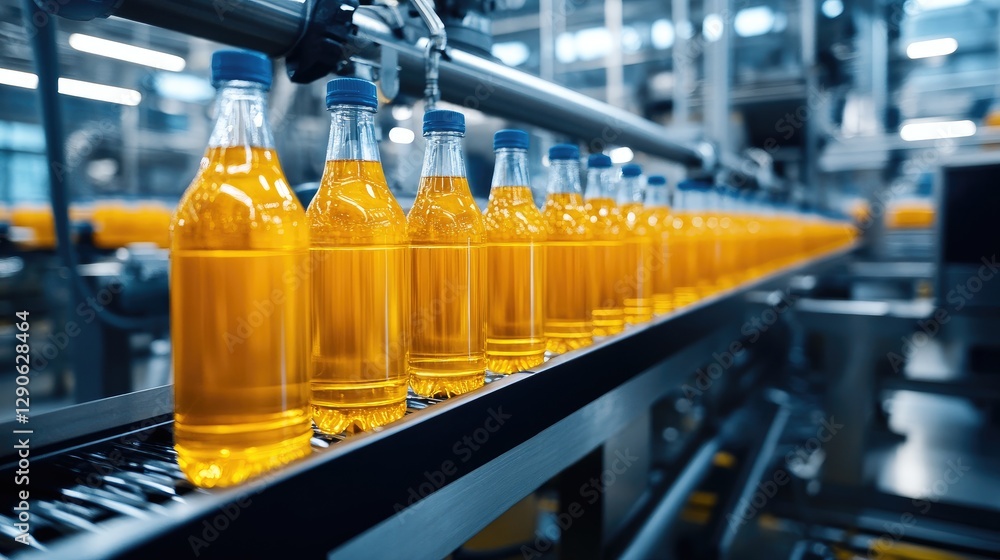 Poster glass juice bottles moving through an automated filling station in a high-tech beverage factory