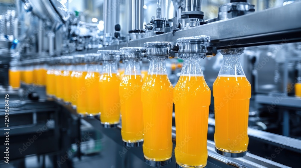 Poster glass juice bottles moving through an automated filling station in a high-tech beverage factory