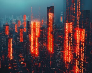 Fototapeta premium City skyline fading into digital red numbers, economic data crash metaphor, financial collapse, debt overload, market decline