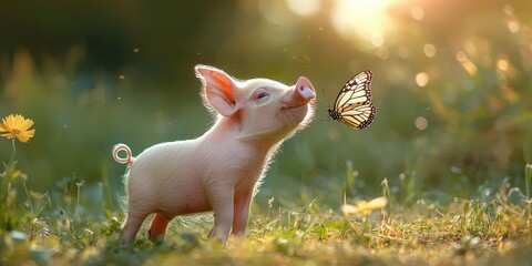 National pig day with cute and playful idea. A piglet interacts with a butterfly in a sunlit meadow.