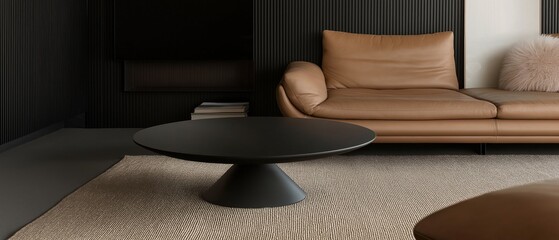 Modern living room with a beige leather sofa and a round black coffee table in the center.