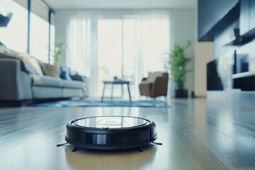 Robotic vacuum cleaner in action cleaning a modern living room electronics implementation home environment wide-angle view innovative technology concept