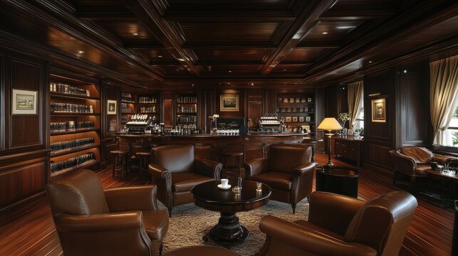 High-end hotel cigar lounge with rich wooden decor, elegant seating, and warm lighting