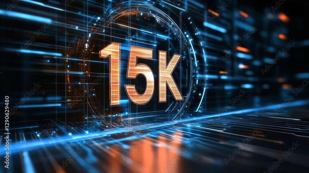Poster glowing digital 3d number 15k in futuristic style, illuminated on an abstract technology background