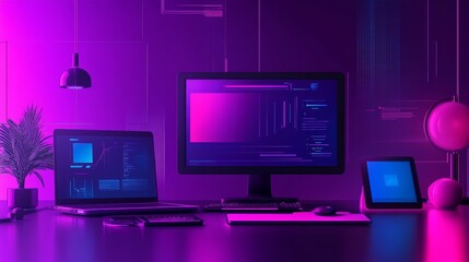 Modern Workspace Featuring Multiple Screens, Vibrant Pink and Purple Lighting, and Sleek Design Elements During Evening Hours