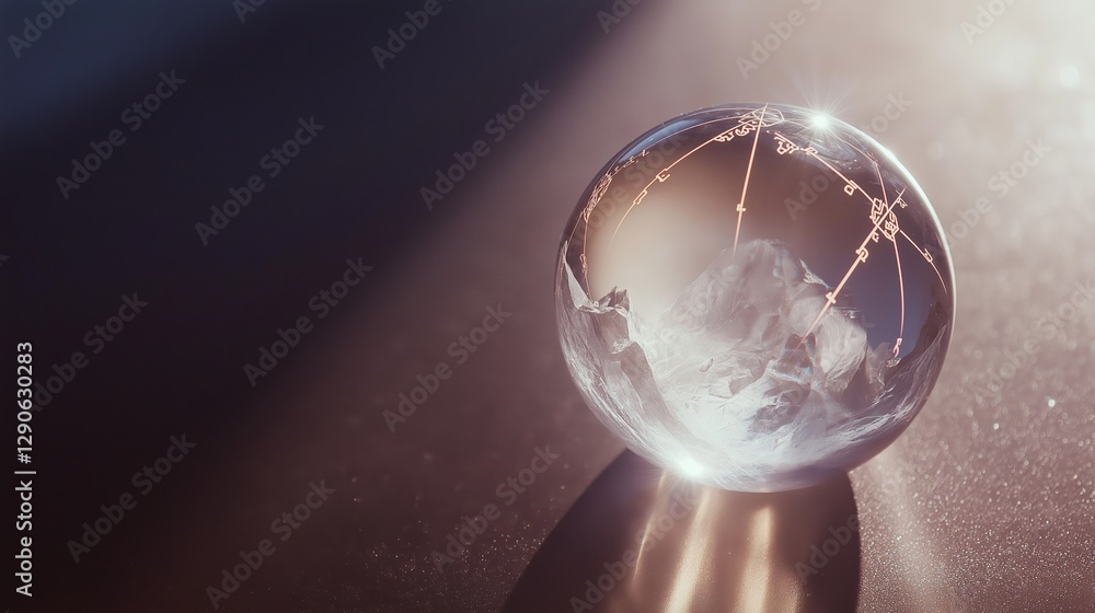 Poster crystal ball reflecting sacred geometry and numbers resting on a surface with soft lighting and shad