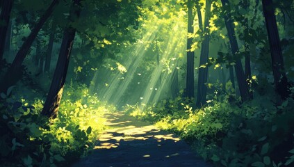 Obraz premium Sunlight path through lush forest