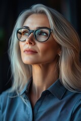 Blond-haired woman in glasses and a shirt, looking thoughtful in a professional setting.