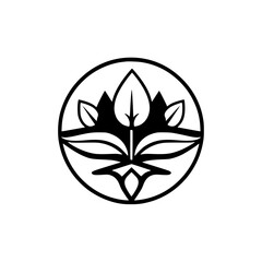 Simple monochrome logo design in a circle, featuring leaves. The image shows a stylized drawing of leaves and a flower in the middle of the circle.
