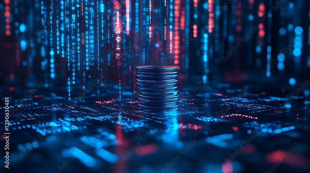 Poster digital stack of coins in blue light, a stack of coins illuminated by a blue digital background with