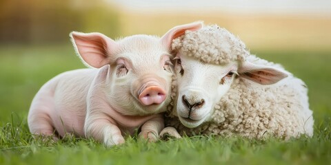 Fototapeta premium National pig day with cute and playful idea. Adorable piglet with a fluffy sheep resting together.
