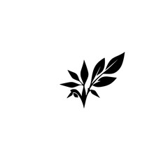 Black and White plant with leaves logo,  Simple branch with leaves against white.