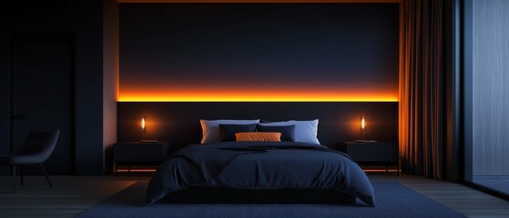 Modern and luxurious bedroom with a large bed in the center. the bed is covered with a dark blue comforter and several white pillows.