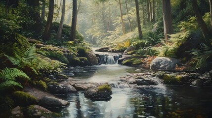 Obraz premium Serene forest stream, tranquil water flowing through lush greenery, perfect for nature themes or relaxation text.