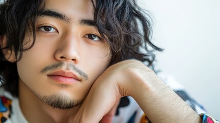 Naklejka premium Japanese man thoughtfully leaning on his hand, white background from the side. 