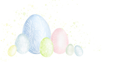 Cute spring Easter eggs with painting. Watercolor digital illustration. Easter holiday card with light splashes of pastel colors. For invitation, card, menu, flyer, banner, poster, voucher.