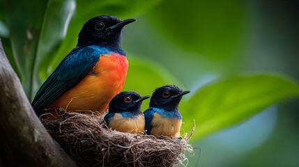 Fototapeta premium Vibrant Asian Paradise Flycatcher Family in Nest Wildlife Nature
