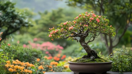 Naklejka premium Delicate Pink Bonsai Tree in Lush Garden Setting