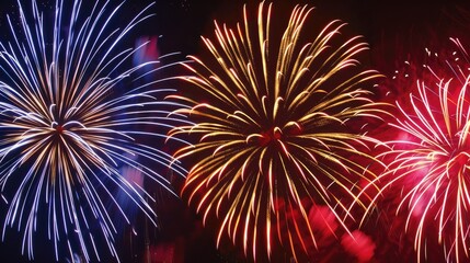 Obraz premium Vibrant fireworks display against dark night sky symbolizing new beginnings, dynamic burst of light captured with wide-angle lens, ample copy space for text or design elements.