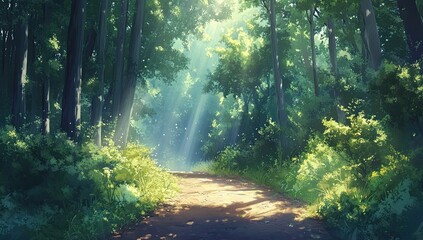 Obraz premium Sunlight path through summer forest