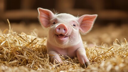 National pig day with cute and playful idea. Cute piglet resting in straw with a cheerful expression.