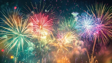 Fototapeta premium Vibrant fireworks display against dark night sky symbolizing new beginnings, dynamic burst of light captured with wide-angle lens, ample copy space for text or design elements.