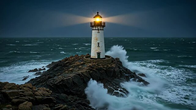 A dramatic lighthouse shining against turbulent ocean waves