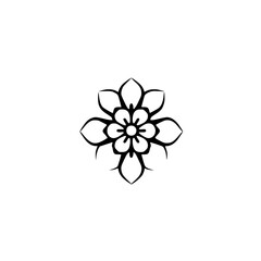Black and white floral illustration of a flower on white background.