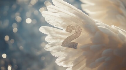 Spiritual awakening through angel numbers with soft feathers and shimmering background