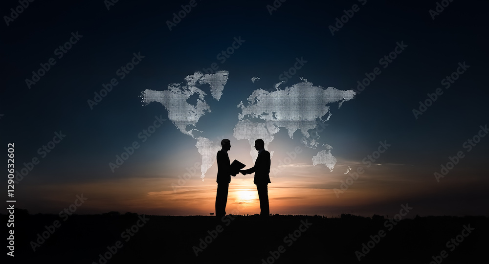 Poster silhouetted figures shake hands against a backdrop of a world map at dusk, symbolizing global busine