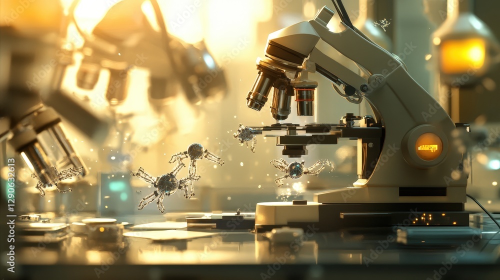 Poster a nanotechnology lab where scientists are using high-powered microscopes to observe and manipulate t