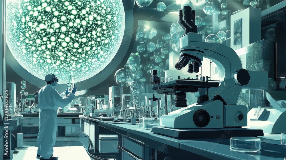 Poster a nanotechnology lab where scientists are using high-powered microscopes to observe and manipulate t