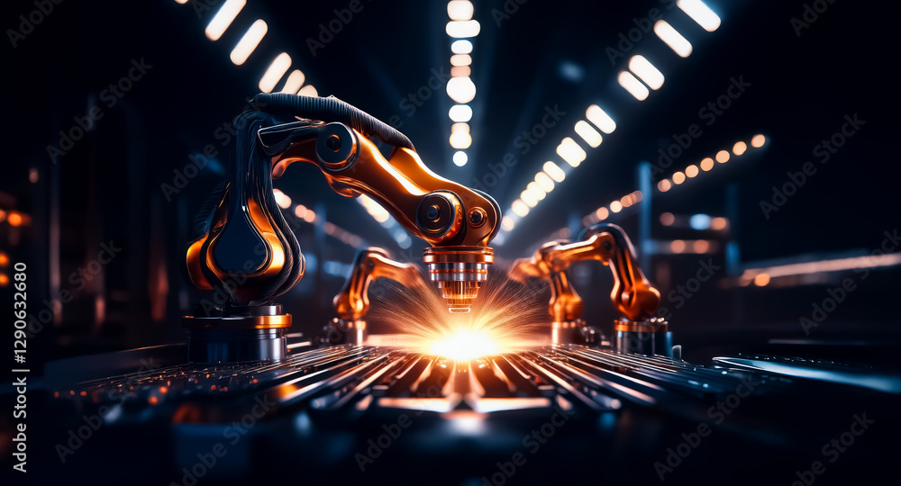 Poster metallic robotic arms expertly work in a dark industrial environment, producing bright sparks. a fut