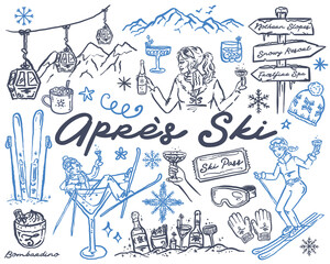 Après-ski - Whimsical hand drawn illustration set, vector collection
