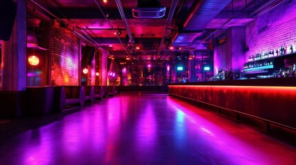Modern Interior With Neon Purple Lighting in an Urban Venue Showcasing Sleek Design and Minimalistic Aesthetics With a Spacious Layout Ideal for Events
